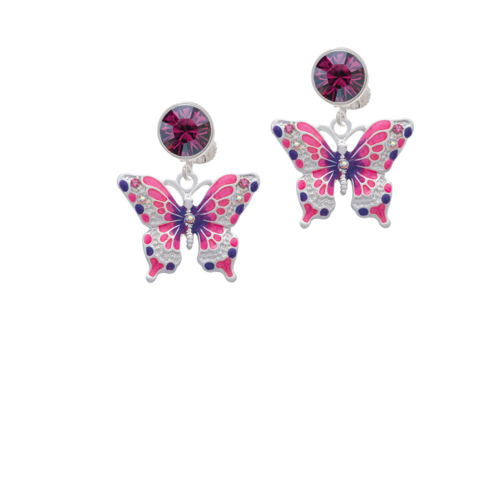 Delight Jewelry Large Hot Pink & Purple Butterfly Purple Crystal Clip On Earrings