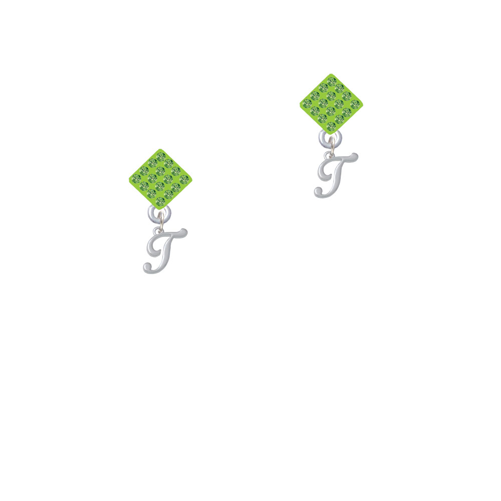 Delight Jewelry Mini Gelato Script Initial - T - Lime Green Crystal Diamond-Shape Earrings