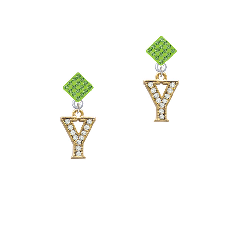 Delight Jewelry Crystal Gold Tone Initial - Y - Beaded Border - Lime Green Crystal Diamond-Shape Earrings