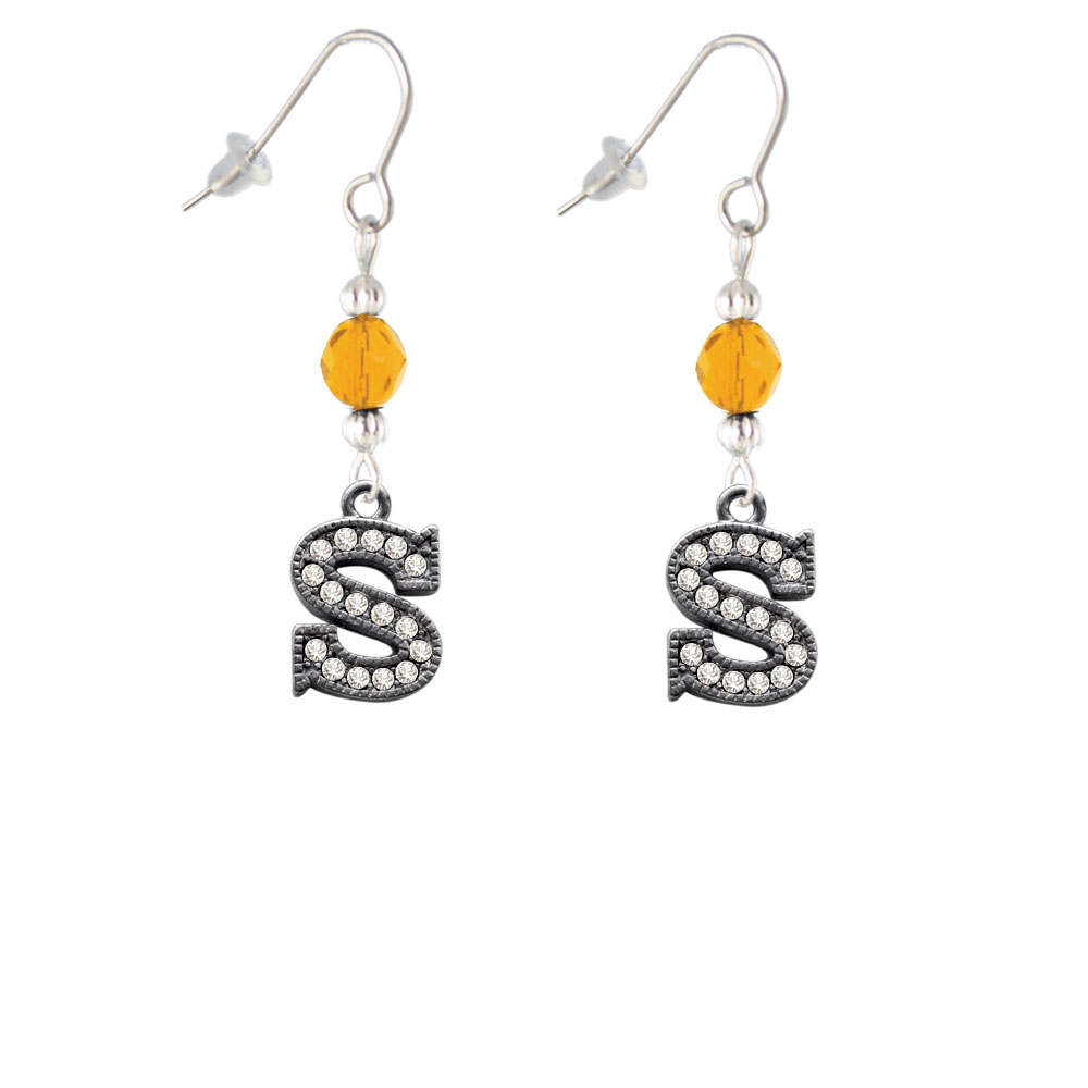 Delight Jewelry Crystal Black Initial - S - Beaded Border - Yellow Bead French Earrings