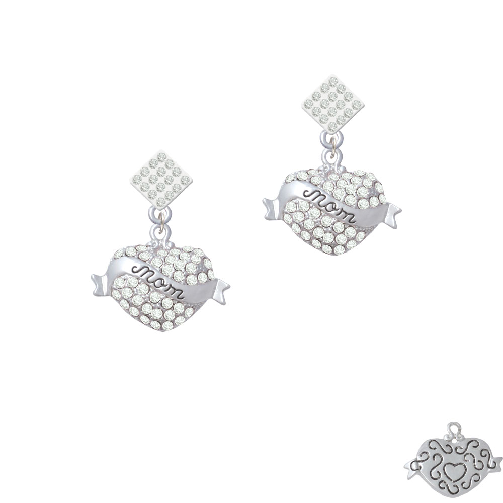 Delight Jewelry Mom Banner on Clear Crystal Heart White Clear Crystal Diamond-Shape Earrings