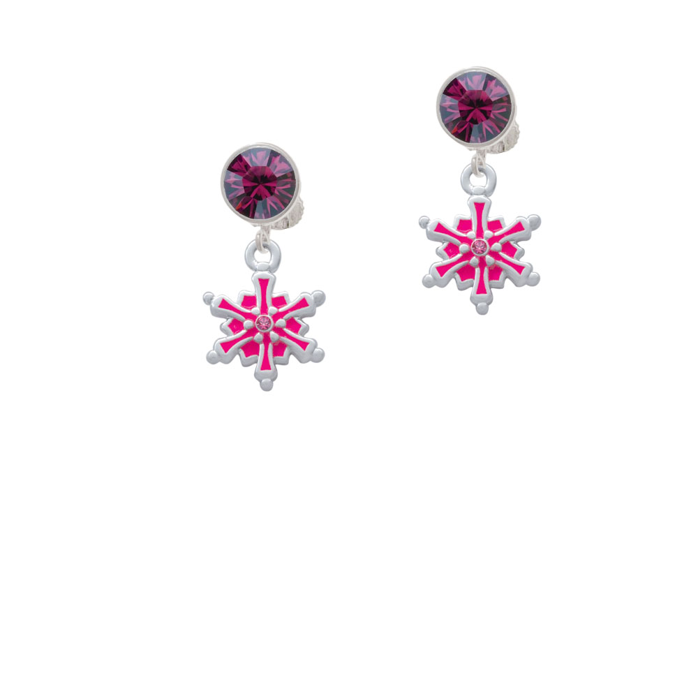 Delight Jewelry Hot Pink Snowflake with Hot Pink Crystal Purple Crystal Clip On Earrings