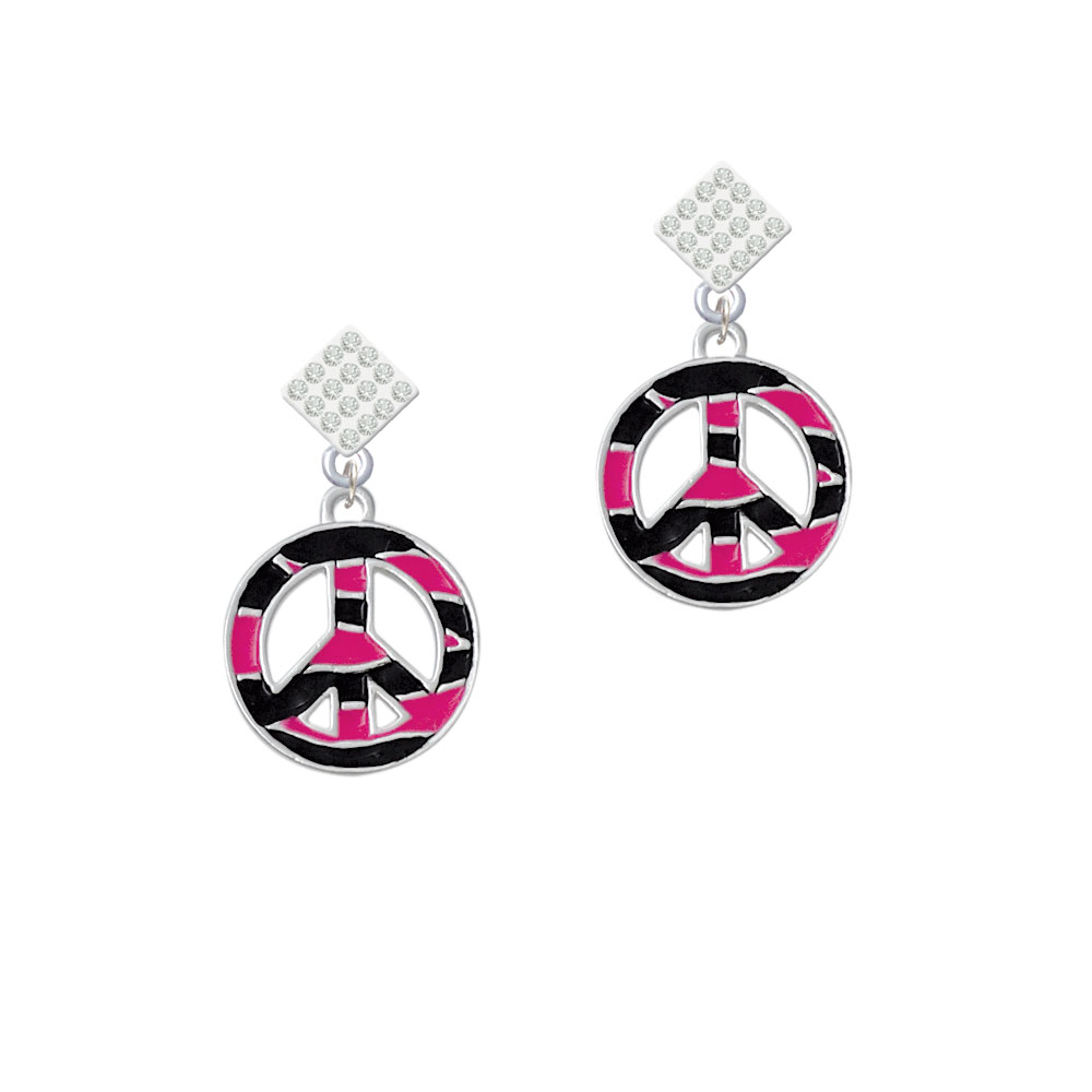 Delight Jewelry Large Hot Pink Tiger Print Peace Sign White Clear Crystal Diamond-Shape Earrings