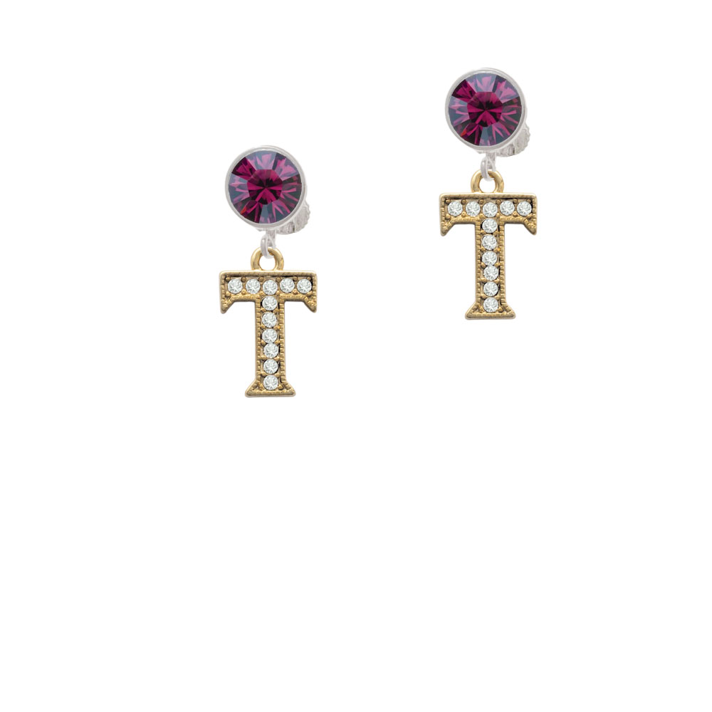 Delight Jewelry Crystal Gold Tone Initial - T - Beaded Border - Purple Crystal Clip On Earrings