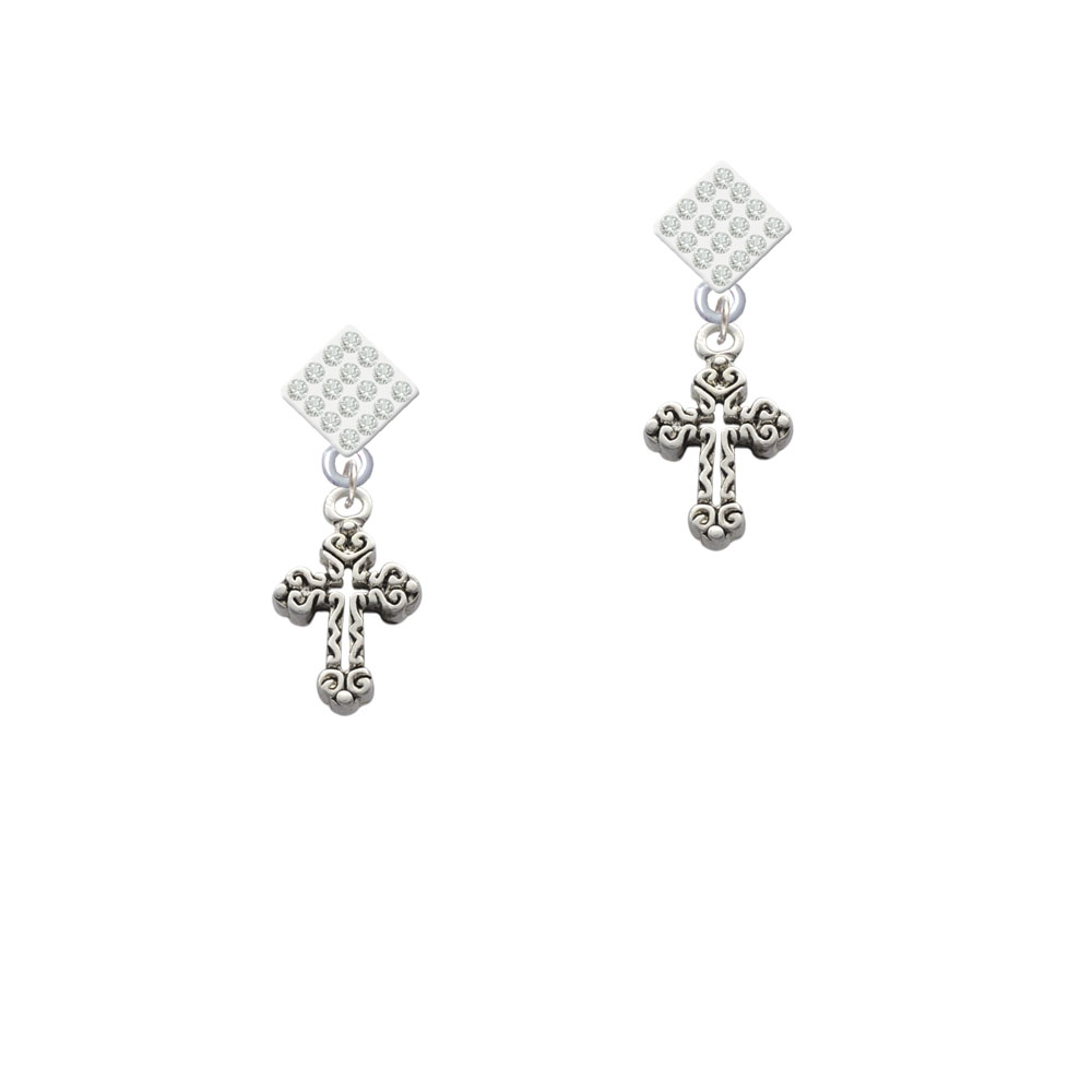 Delight Jewelry Antiqued Budded Cross White Clear Crystal Diamond-Shape Earrings