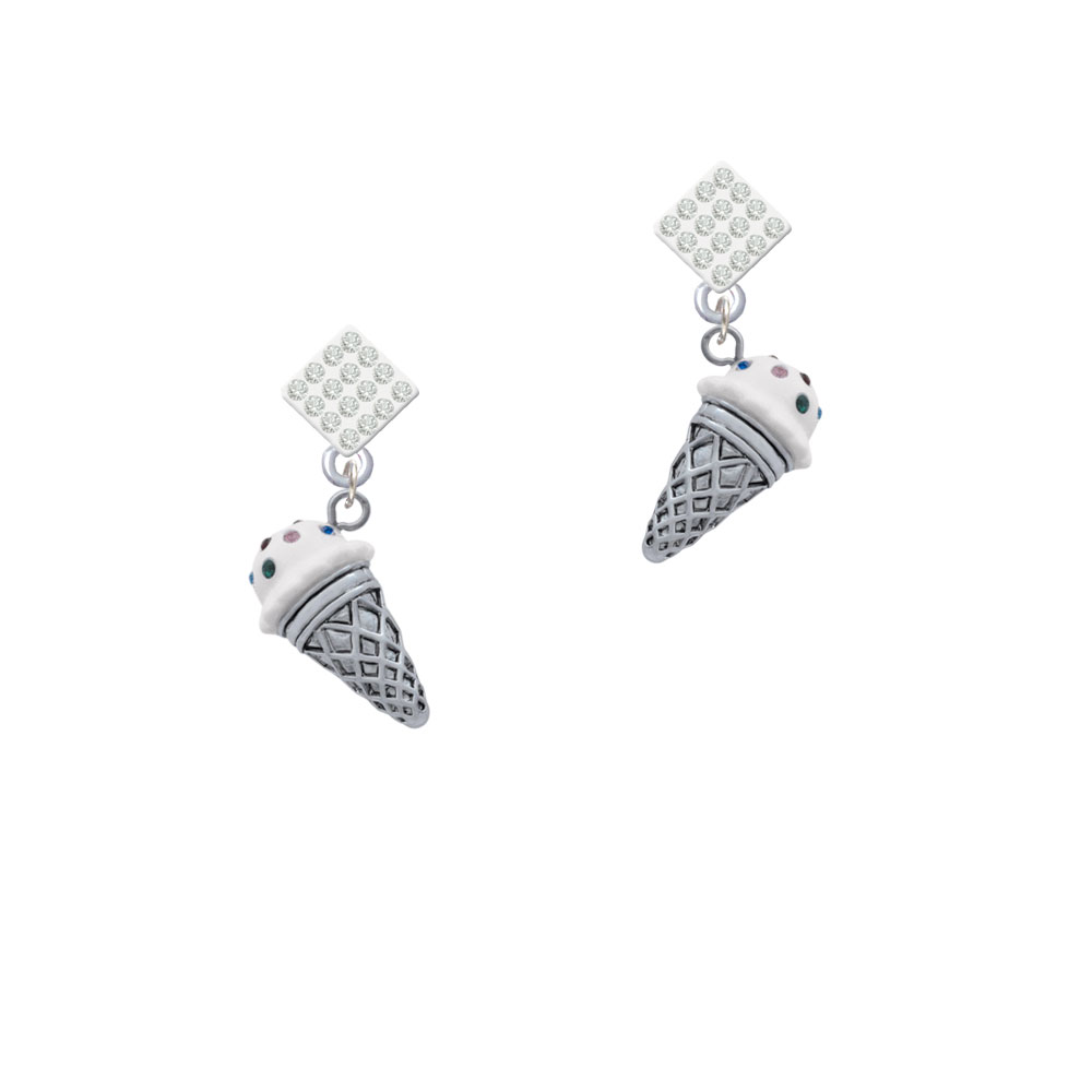 Delight Jewelry 3-D Resin Vanilla Ice Cream Cone with Crystals White Clear Crystal Diamond-Shape Earrings