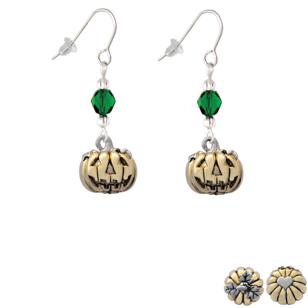 Delight Jewelry 3-D Large Gold Tone Jack O' Lantern with Leaves Green Bead French Earrings