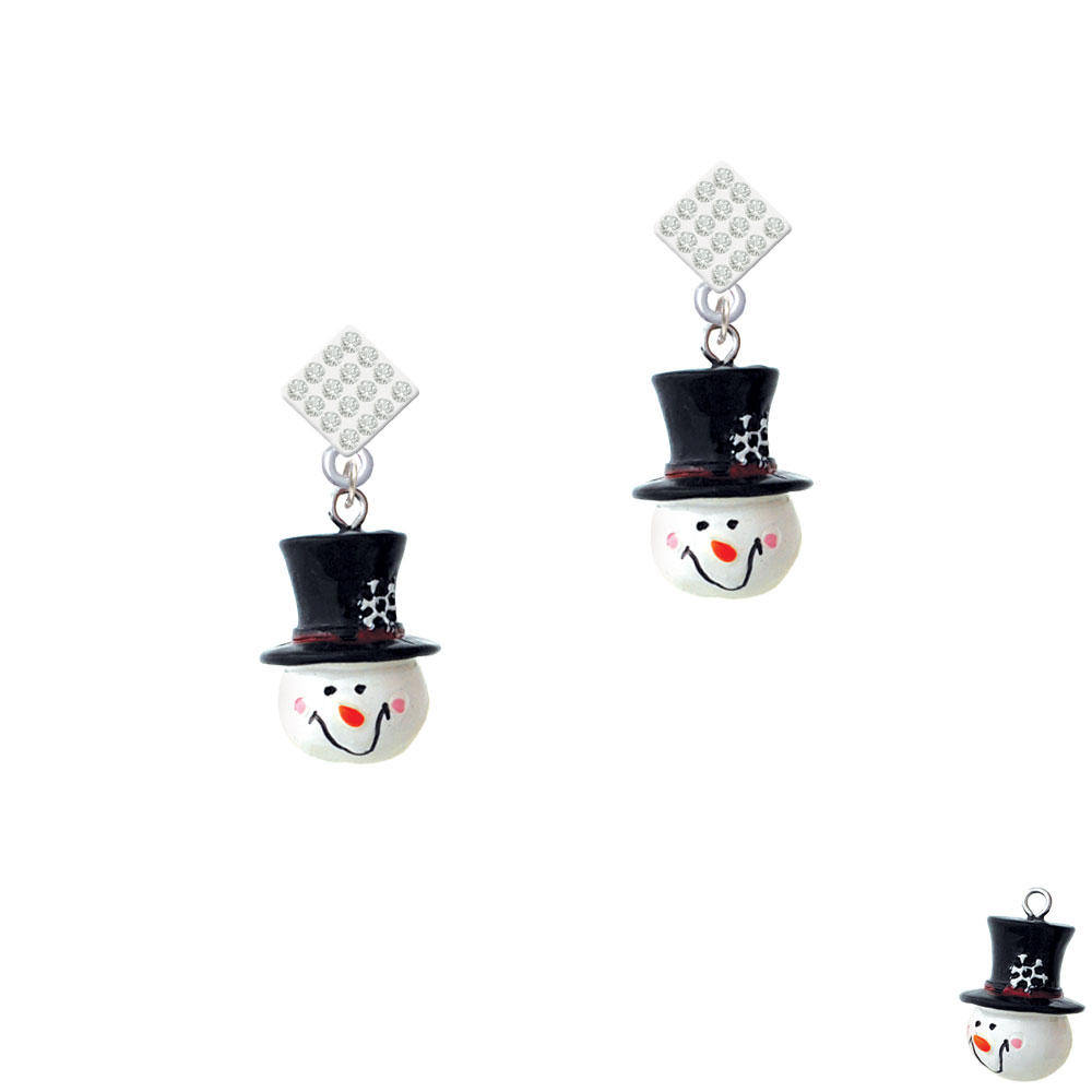 Delight Jewelry Resin Snowman Head with Top Hat White Clear Crystal Diamond-Shape Earrings