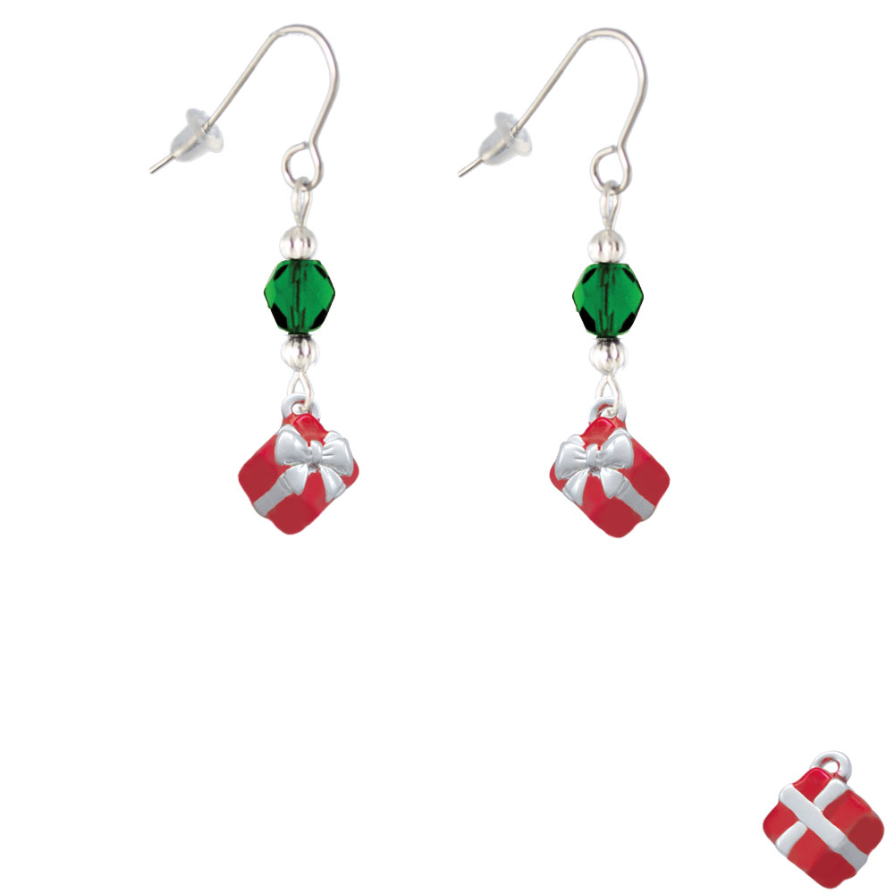 Delight Jewelry Small 3-D Red Present Box with Bow Green Bead French Earrings