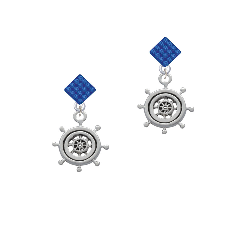 Delight Jewelry Antiqued Ship Wheel Blue Crystal Diamond-Shape Earrings