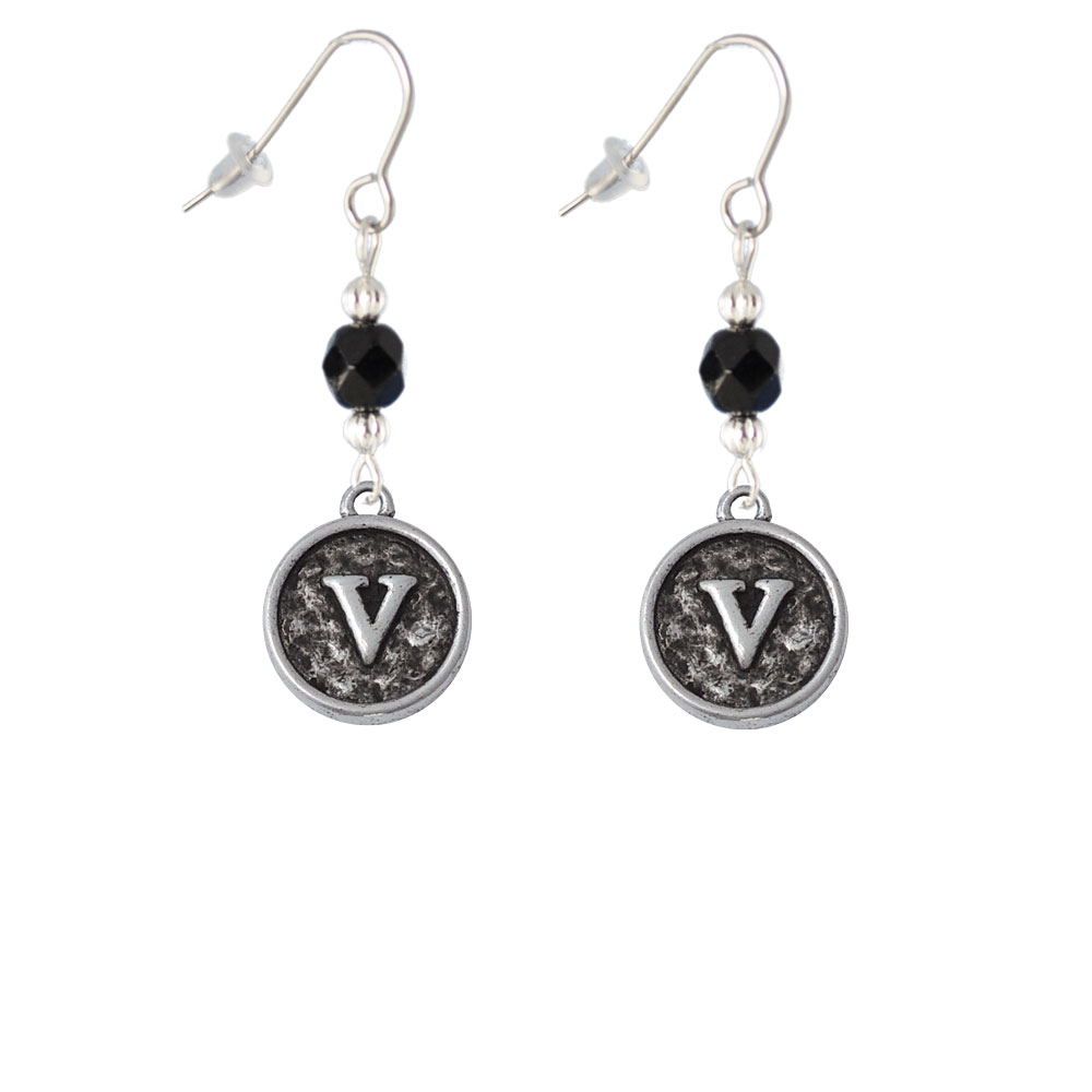 Delight Jewelry Antiqued Round Seal - Initial - V - Black Bead French Earrings