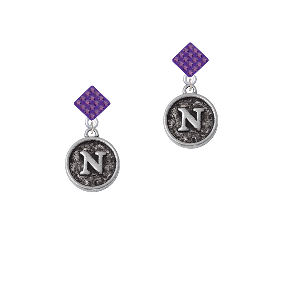 Delight Jewelry Antiqued Round Seal - Initial - N - Purple Crystal Diamond-Shape Earrings