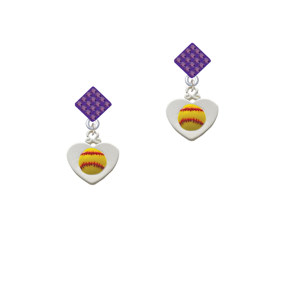 Delight Jewelry Softball in Heart Purple Crystal Diamond-Shape Earrings