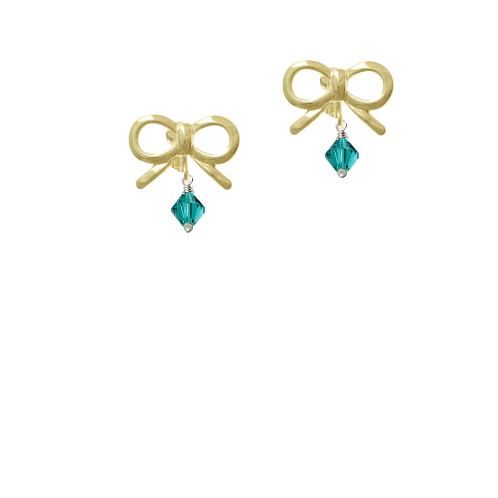 Delight Jewelry December - Teal - 6mm Crystal Bicone Gold-tone Bow Crystal Clip On Earrings