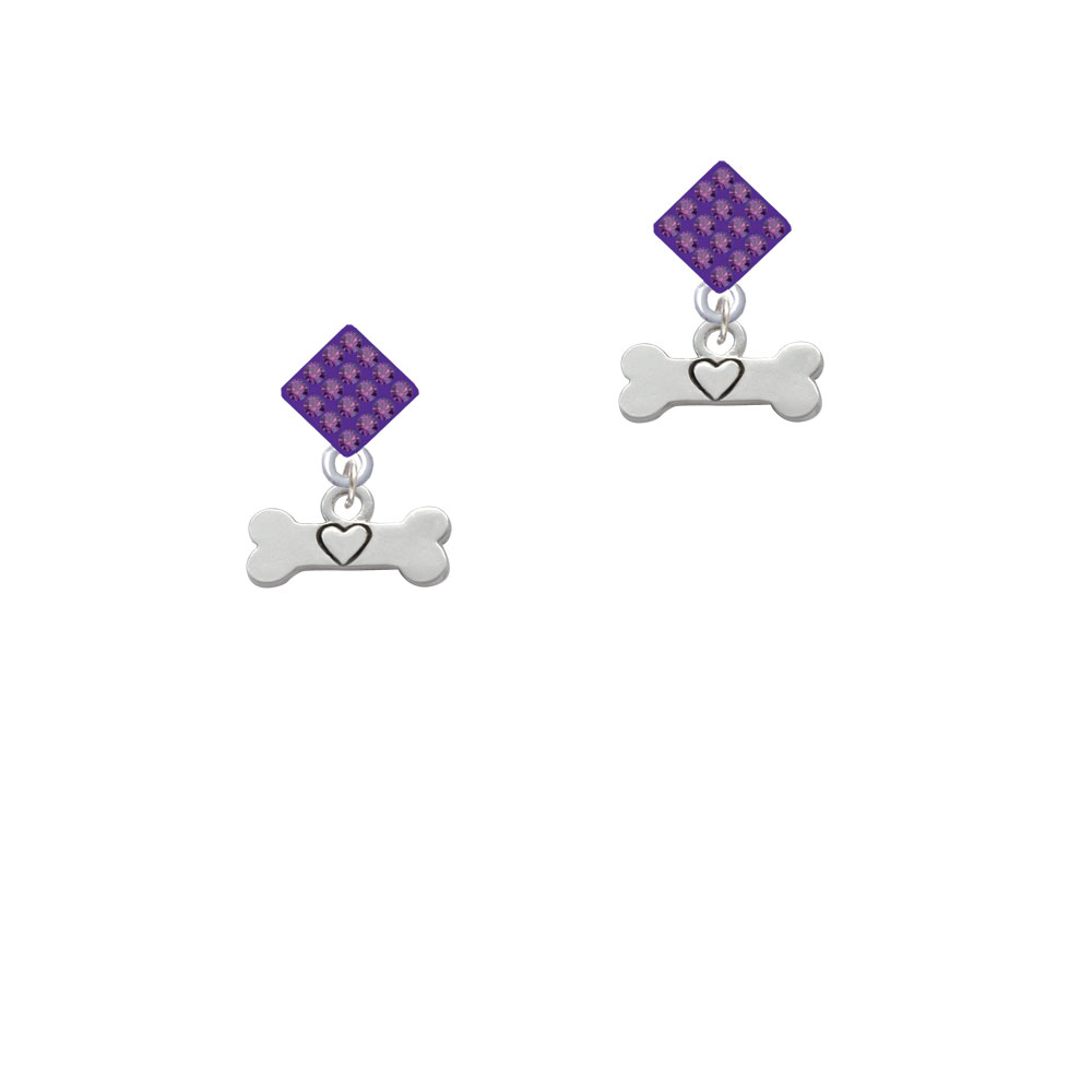Delight Jewelry Dog Bone with Heart Purple Crystal Diamond-Shape Earrings