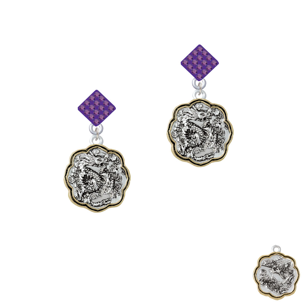 Delight Jewelry Dragon and Phoenix Two Tone Medallion Purple Crystal Diamond-Shape Earrings