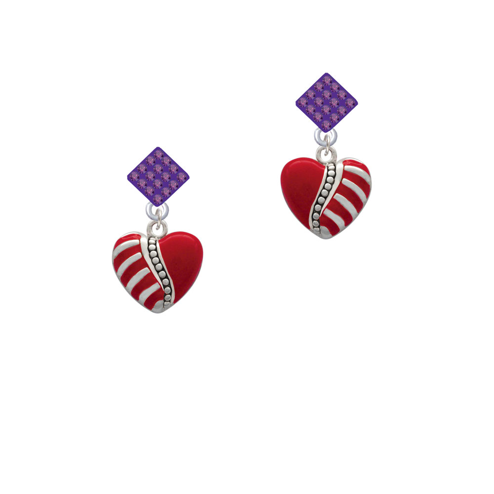 Delight Jewelry Striped Red Enamel Heart with Beaded Decoration Purple Crystal Diamond-Shape Earrings 