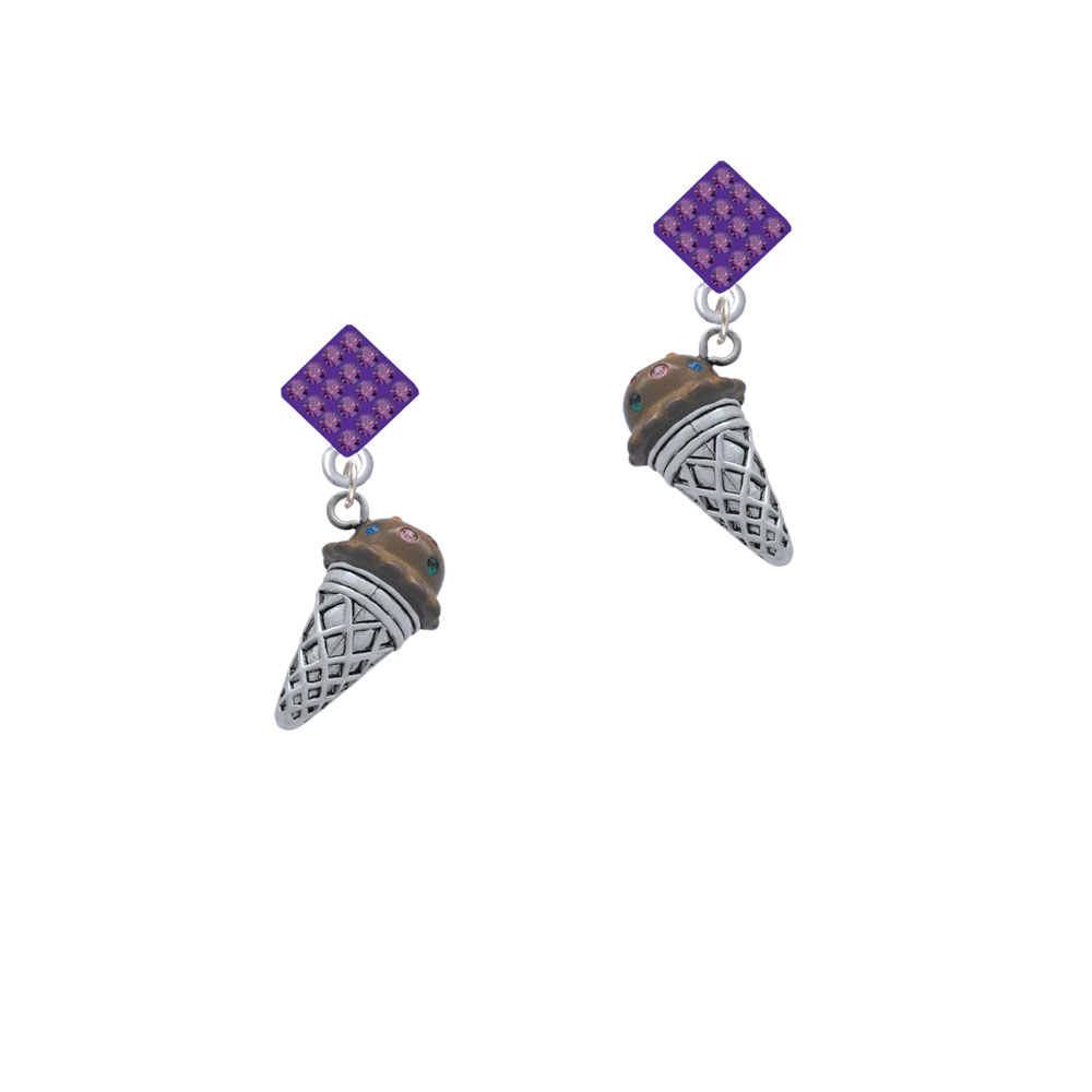 Delight Jewelry 3-D Resin Brown Ice Cream Cone with Crystals Purple Crystal Diamond-Shape Earrings