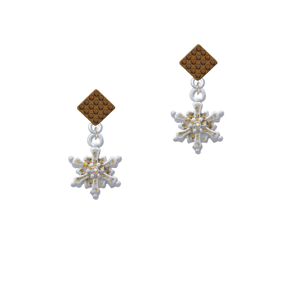 Delight Jewelry White Snowflake with Glitter and Clear AB Crystal Brown Crystal Diamond-Shape Earrings