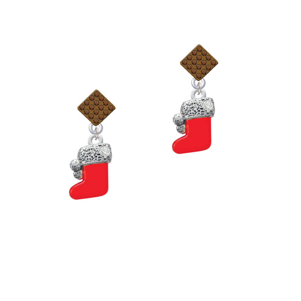 Delight Jewelry 3-D Red Stocking with Fur and Clear Crystal Brown Crystal Diamond-Shape Earrings
