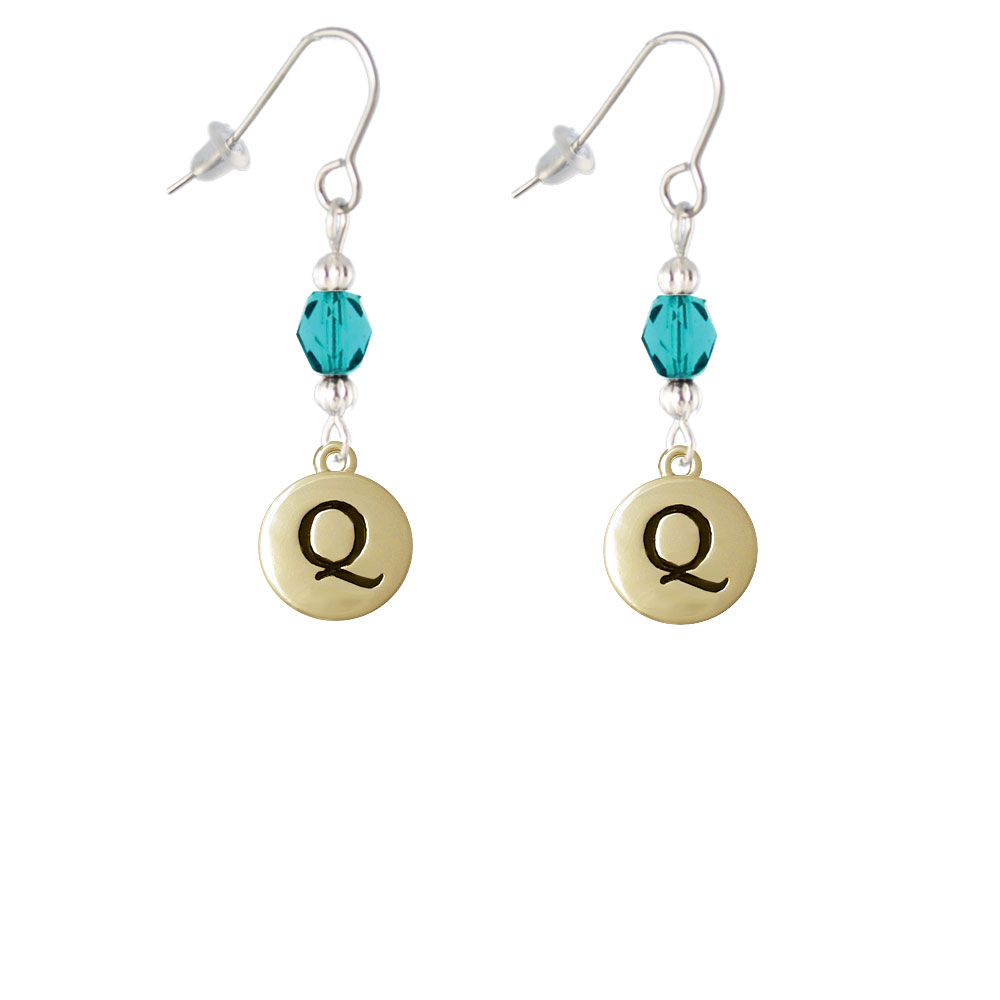 Delight Jewelry Capital Gold Tone Letter - Q - Pebble Disc - Teal Bead French Earrings