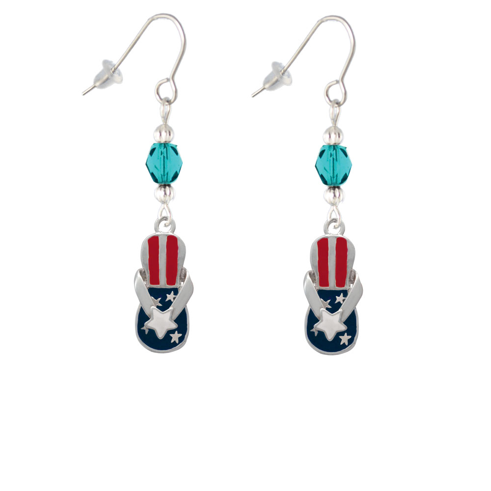 Delight Jewelry USA Patriotic Flip Flop with White Star Teal Bead French Earrings