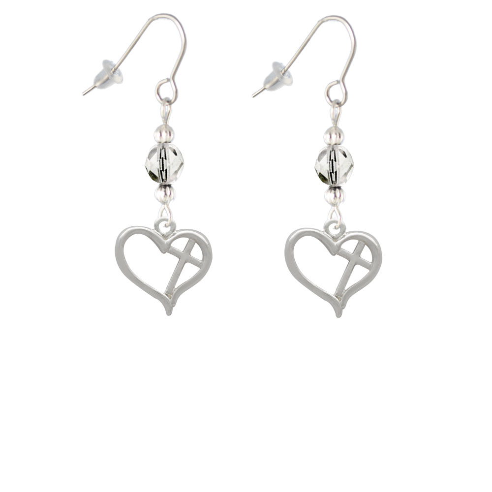 Delight Jewelry Heart Outline with diagonal Cross Clear Bead French Earrings