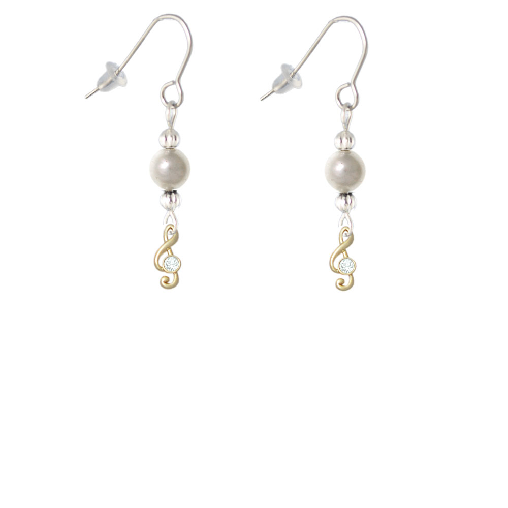Delight Jewelry Mini Gold Tone Clef with Crystal Imitation Pearl Bead French Earrings