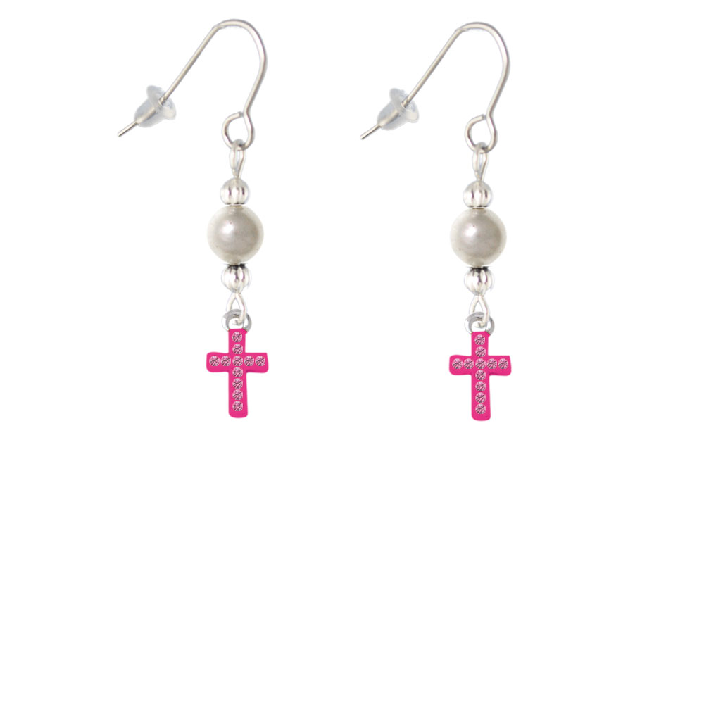 Delight Jewelry Small Hot Pink Crystal Cross Imitation Pearl Bead French Earrings