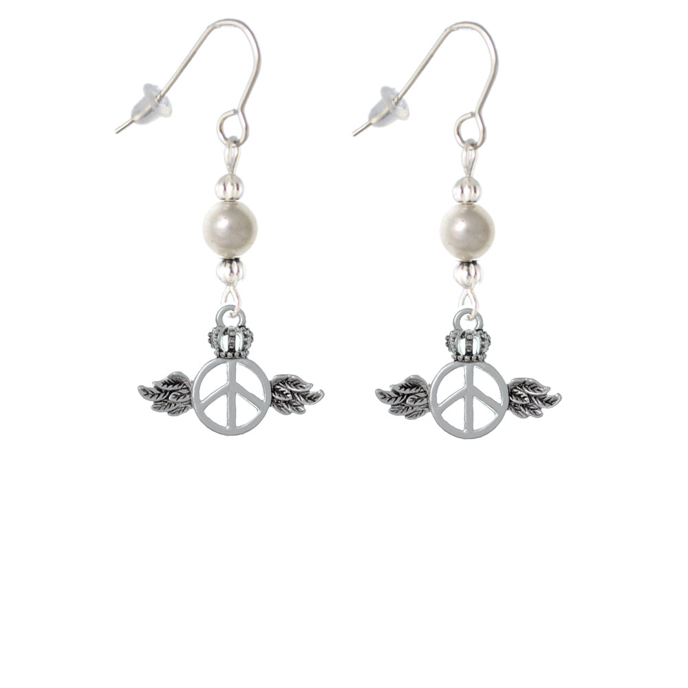 Delight Jewelry Winged Peace Sign with Crown Imitation Pearl Bead French Earrings