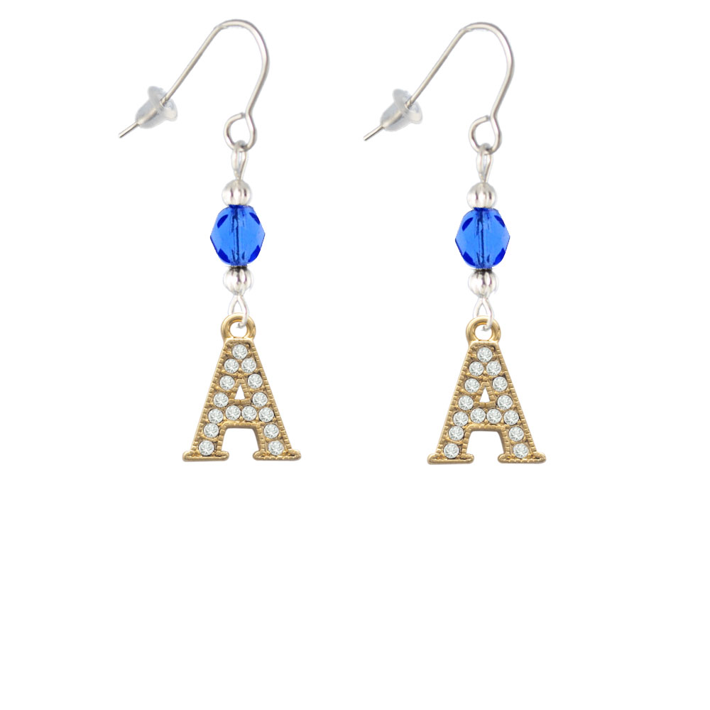Delight Jewelry Crystal Gold Tone Initial - A - Beaded Border - Blue Bead French Earrings