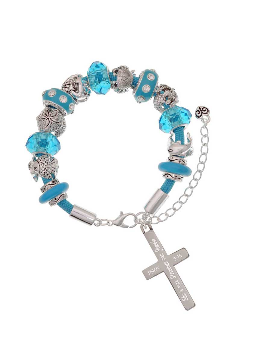 Delight Stainless Steel Proverbs 3:15 - She is Precious Engraved Cross - Hot Blue Summer Beach Bead Bracelet