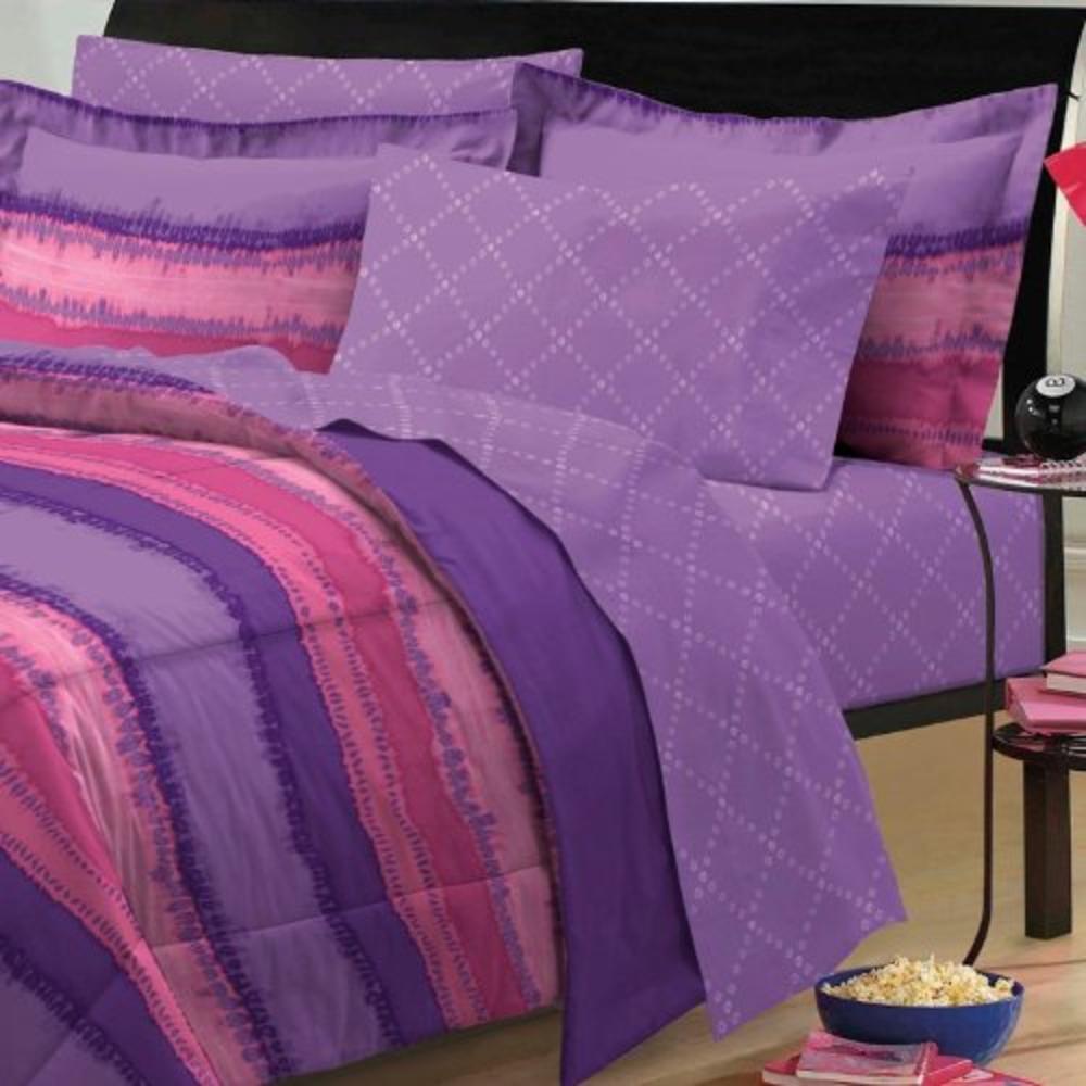 Kids Bedding Purple & Pink Tie Dye Full Comforter Set (7 Piece Bed In A Bag)