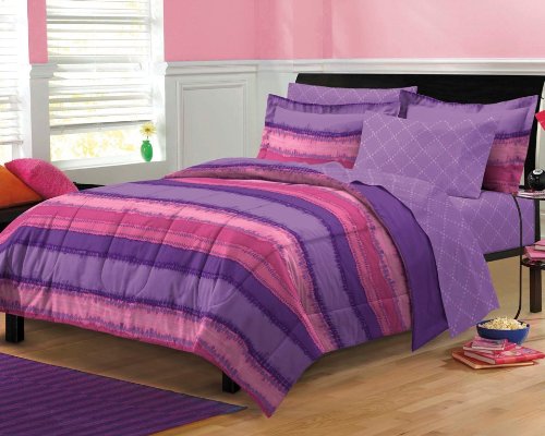 Kids Bedding Purple & Pink Tie Dye Full Comforter Set (7 Piece Bed In A Bag)