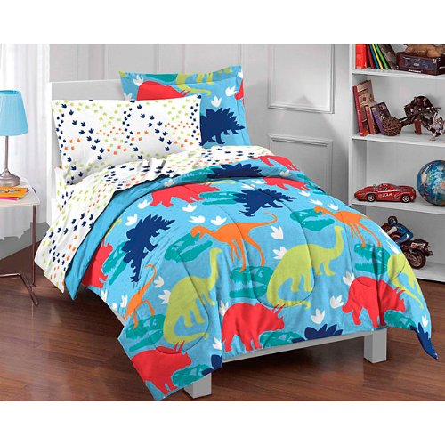 Kids Bedding Dinosaur Prints Bright Colors Boys Twin Comforter Set (5 Piece Bed In A Bag)
