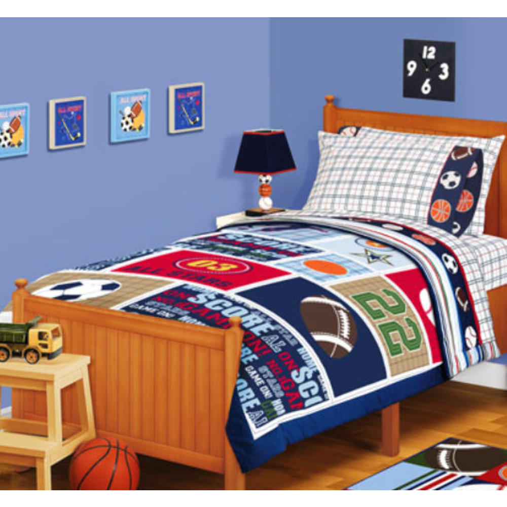 Kids Bedding Sports Boys 5 Piece Baseball, Basketball, Football, Twin Comforter, Sheets & BONUS Curtains (5 Piece Bed In A Bag)