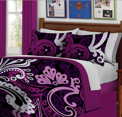 Kreative Kids Black & Purple Bold Teen Girls Twin Size Comforter & Sheets (6 Piece Bed In A Bag)