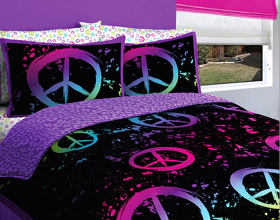 Kids Bedding Black Purple Pink Peace Sign Queen Girls Comforter Set (7 Piece Bed In A Bag)