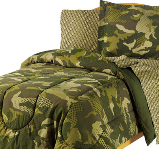 Kids Bedding Camouflage Grid Boys Reversible Full Comforter Set (7 Piece Bed In A Bag)