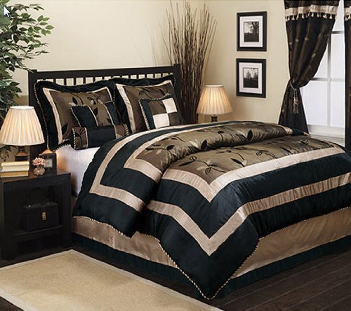 Elegant USA Black, Tan & Gold Queen Comforter, Shams, Bed Skirt, Toss Pillows & Neck Roll (7 Piece Bed In A Bag)