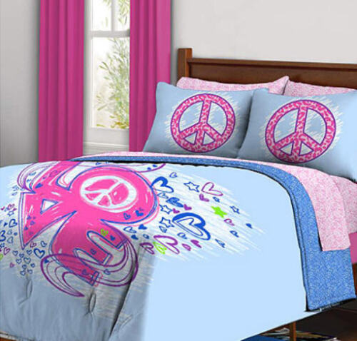 Kids Bedding Peace Signs & Love Teen Girls Full Comforter Set (7 Piece Bed In A Bag)