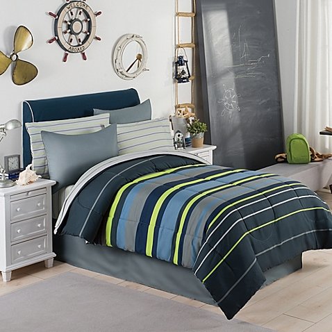 Modern Living Gray Blue Green Boys Stripe Twin Comforter Set 6