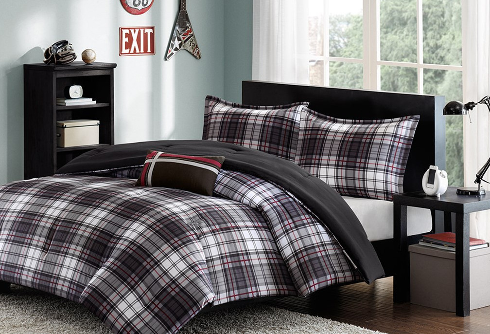 Cabin Life Black Red White Plaid Boys Twin Comforter Sham Toss Pillow 3 Piece Bedding