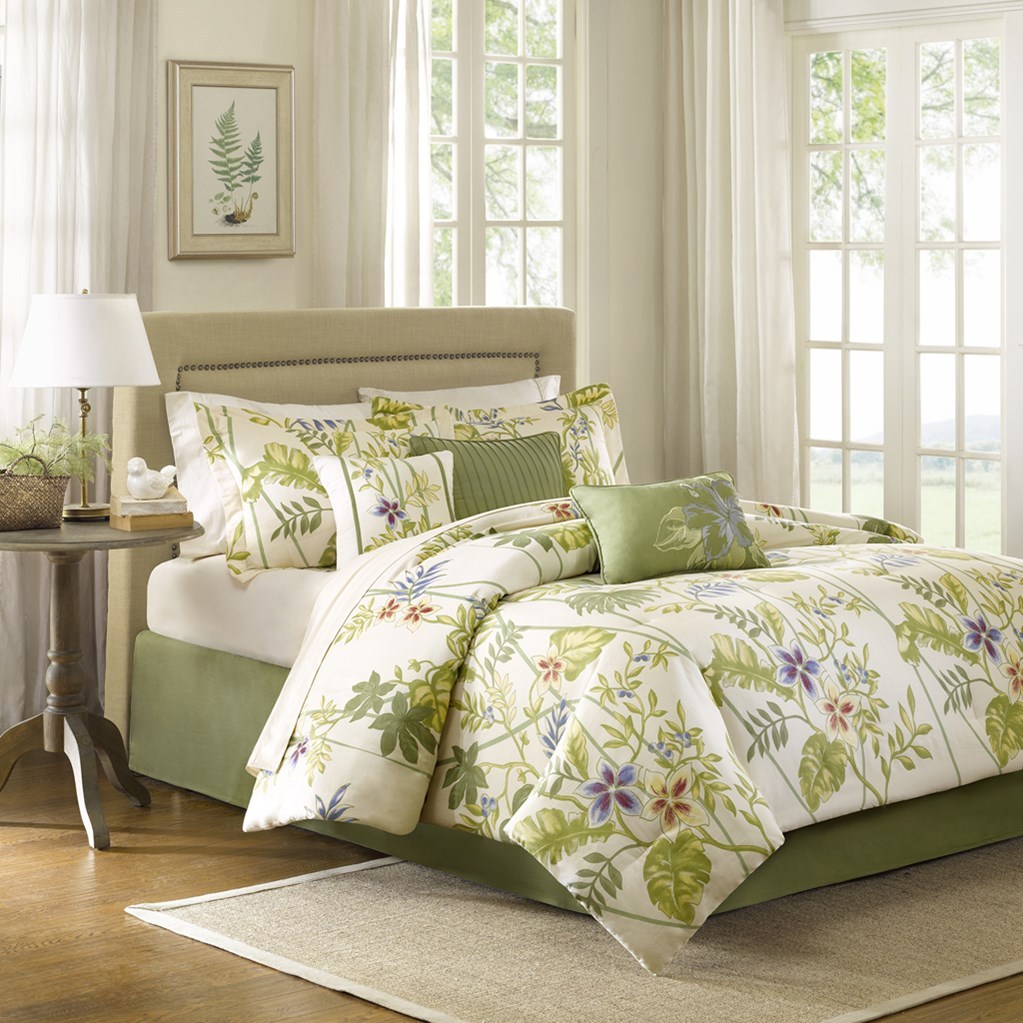 Island Living Green Purple Hawaiian Tropical Leaves Beach House Cal King Comforter Set 7 Piece Bed In A Bag Beach House Cal King Comforter Set, Cal King Comforter Bed In A Bag