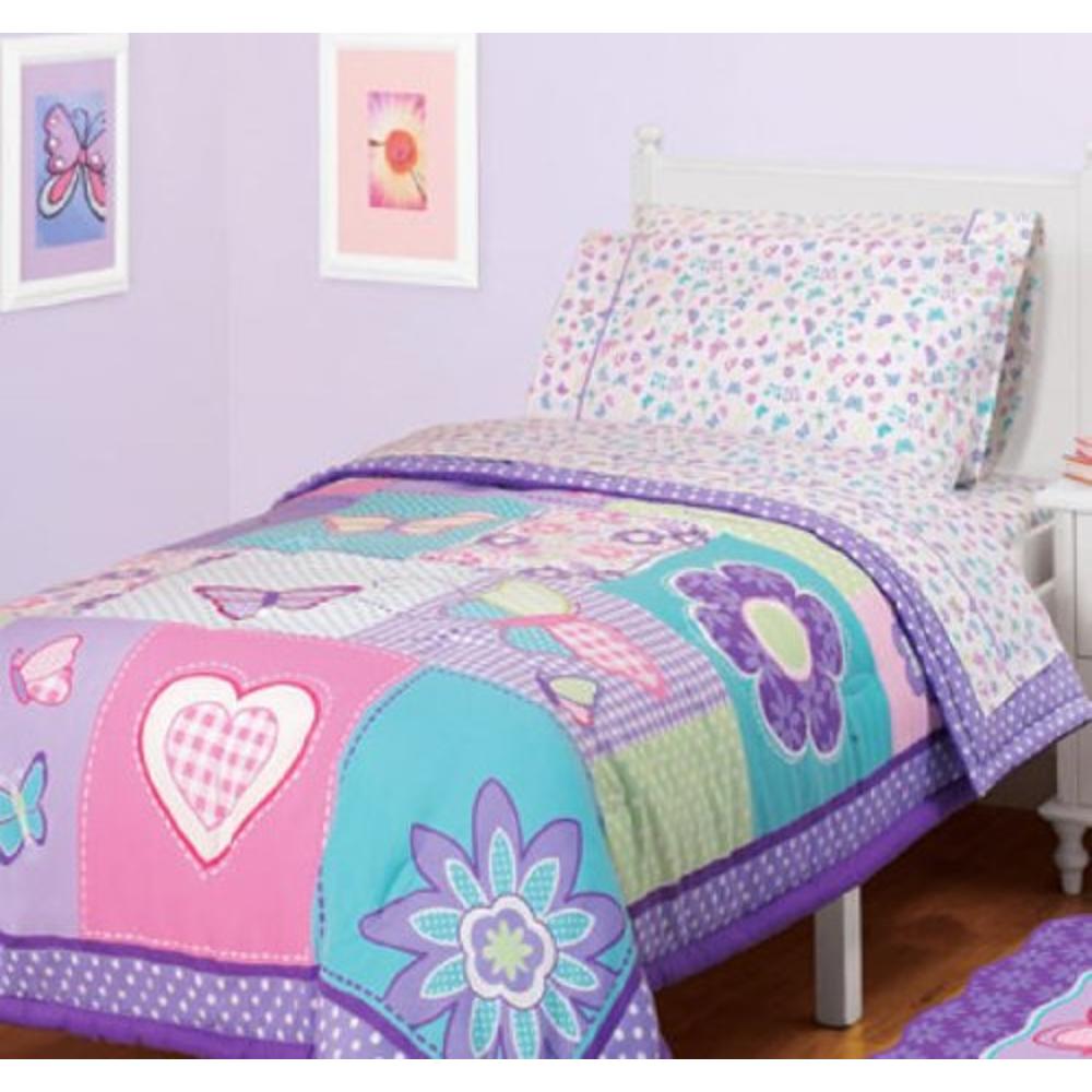 Kids Bedding Girls Butterfly, Flowers, Hearts & Polka Dots Twin Comforter Set (4 Piece Bed In A Bag)