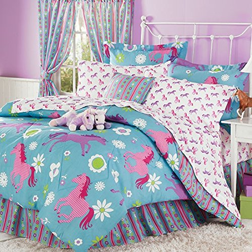 Country Living Purple, Blue & Pink Pony Horse Kids Twin Comforter Set (6 Piece Bed In A Bag)
