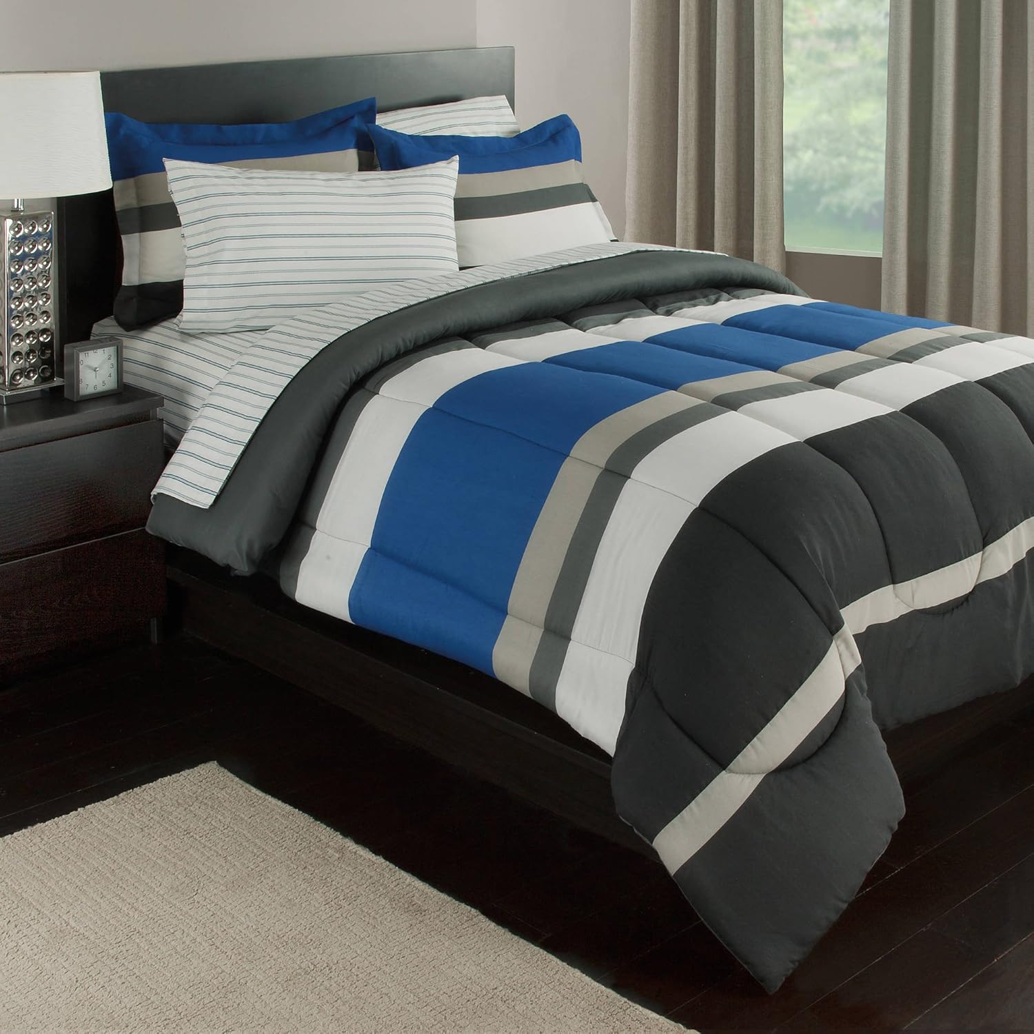 Modern Living Blue White Gray Stripes Boys Teen Twin Comforter