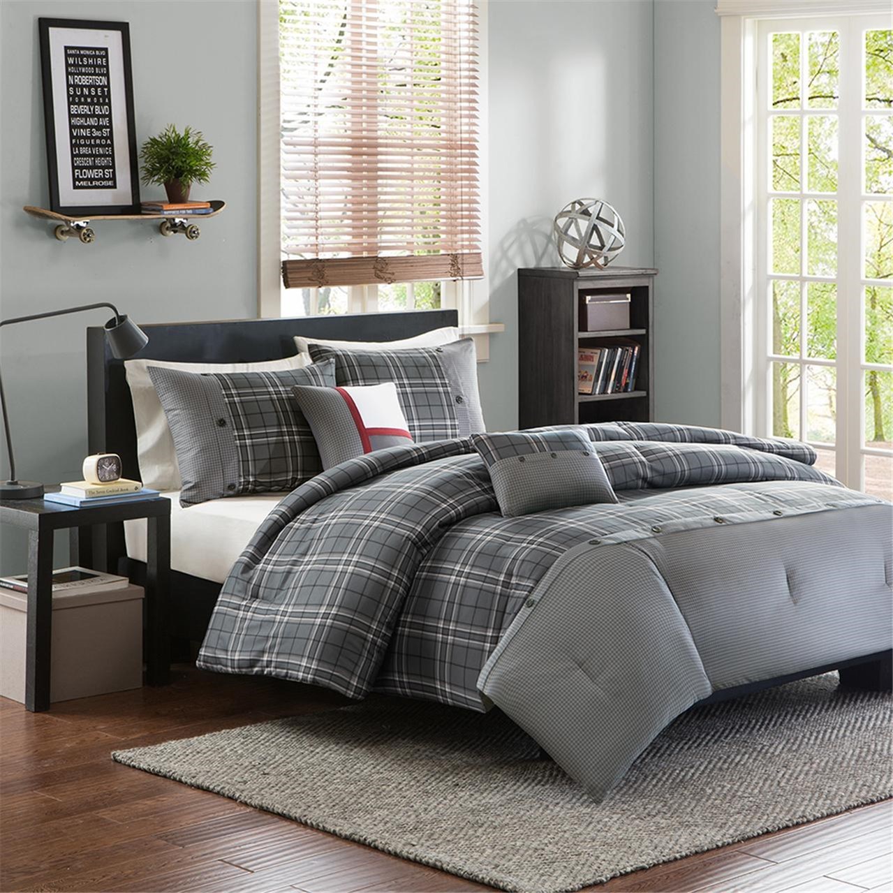 Modern Living Gray Red White Plaid California King Comforter