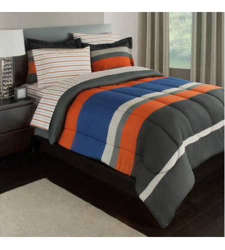Modern Living Gray Orange Blue Stripes Boys Teen Full Comforter Set 7 Piece Bed In A Bag Modern Living Gray Orange Blue, Gray And Orange Bedding