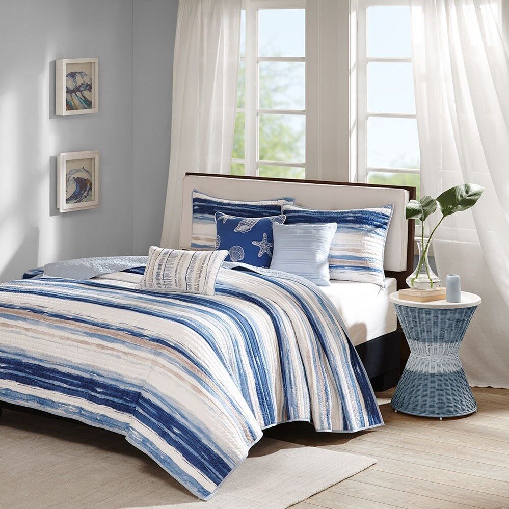 Coastal Living Blue Watercolor Cottage Beach House Full Queen Quilt Shams Toss Pillows 6 Piece Bed In A Bag Coastal Living Blue Watercolor Cottage, Coastal King Size Bed In A Bag